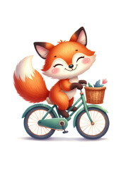Cute little fox on bike bicycle. Cute watercolor illustration isolated on transparent background