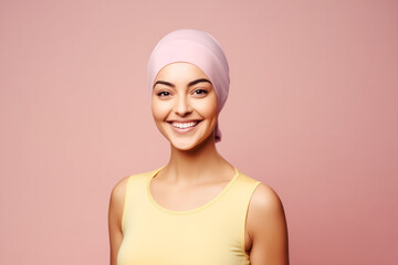 Vibrant young woman in pink tank top and headscarf, her smile exuding health and happiness. Muslim Iran girl happy life.
