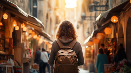 Obraz premium Young traveler with backpack wanders through bustling market street, absorbed in local culture. Concept travel tourism trip in bazaar Arab country or Egypt.