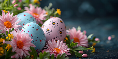 Easter banner with colorful eggs and gerbera daisy spring flowers on dark blue background. Easter holiday concept with traditional springtime decoration and copy space.