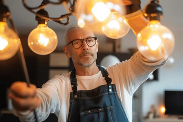A thoughtful man in overalls gazes up at a glowing light bulb, framed by the stark white wall behind him, his glasses reflecting the warm illumination