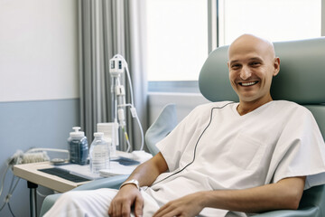 Fototapeta premium Concept desire for life, treatment of fatal disease. Cancer patient Bald man smiling in hospital bed, drip stand in background, conveying hope and positivity.