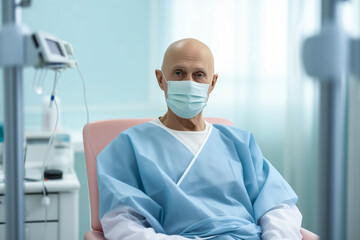 Fototapeta premium Cancer patient Bald man smiling in hospital bed, drip stand in background, conveying hope and positivity. Concept desire for life, treatment of fatal disease