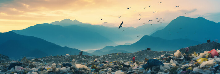 Garbage fills valley beneath serene sunset, highlighting environmental issues panorama. Concept global problem of plastic pollution - obrazy, fototapety, plakaty