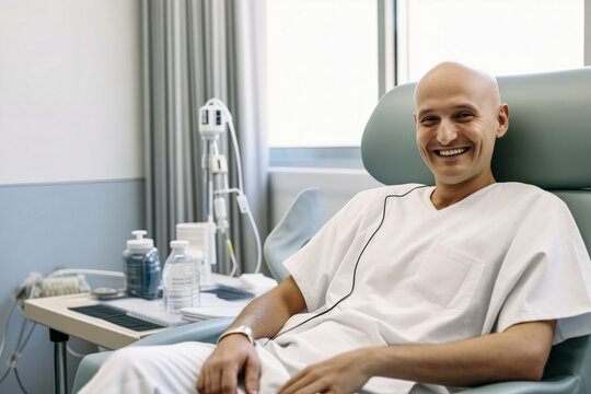Concept desire for life, treatment of fatal disease. Cancer patient Bald man smiling in hospital bed, drip stand in background, conveying hope and positivity.