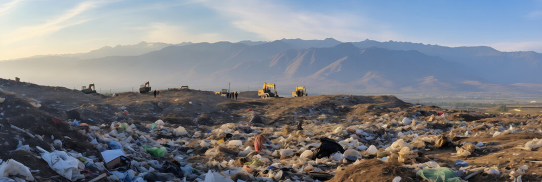 Concept banner global problem of plastic pollution. Garbage fills valley beneath serene sunset, highlighting environmental issues panorama. © Adin