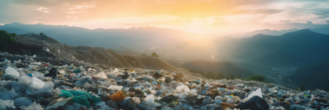 Garbage fills valley beneath serene sunset, highlighting environmental issues panorama. Concept global problem of plastic pollution