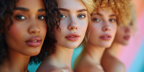 Obraz premium International Women's History Day banner with many multiracial women of different nationalities and religions. Women's Equality Day, Girls power, diversity, feminism, concept with diverse women faces.