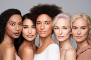 Obraz premium Multiethnic portrait of beautiful young women of different ages in studio. Concept beauty skin care