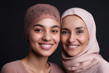 Portrait Muslim beautiful womans in headscarf in studio. Arab girls beauty photo, skin care
