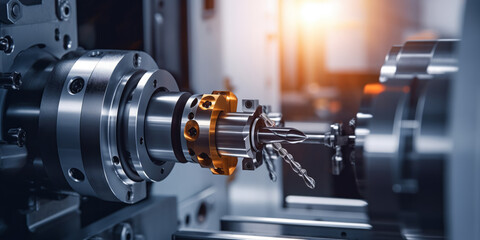 Fototapeta na wymiar CNC turning drill milling factory processes steel turbine part process. Metal machine tools industry banner