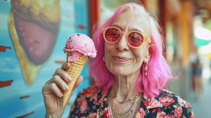 senior woman holding an ice cream cone with pink hair, in the style of machine age aesthetics, emotive imagery