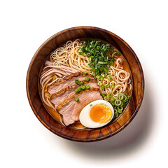 Isolated bowl of pork, vegetable and egg ramen.	