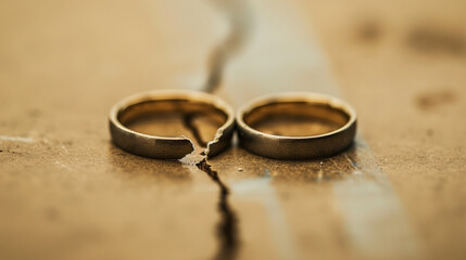 Obraz na płótnie Canvas Split Wedding Bands: Photograph two wedding rings cut in half and placed apart, symbolizing the separation of a union.
