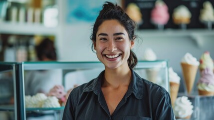 A businesswoman smiles in an ice cream shop within a conference hall, blending work and pleasure effortlessly. - obrazy, fototapety, plakaty