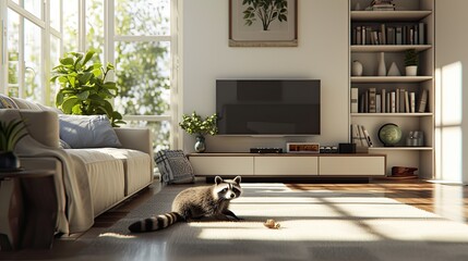 a raccoon as it explores a bright, modern minimalist living room, its inquisitive gaze adding a touch of charm to the sleek, uncluttered space.