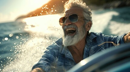 senior man with sunglasses and shades laughing riding a motor boat