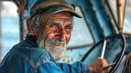 smiling elderly man driving a boat in the sea, in the style of refined aesthetic sensibility