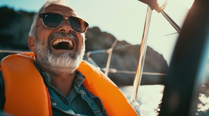 smiling elderly man driving a boat in the sea, in the style of refined aesthetic sensibility