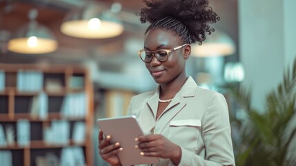 young beautiful African woman working in office working on a tablet computer