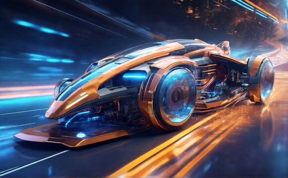 High-tech digital technology futuristic circuit digital, running, speeding car, futuristic car driving on the road through futuristic skyline, generative AI