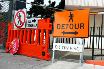 Sidewalk Closed signs for works. Stop and Detour signs - 726697910