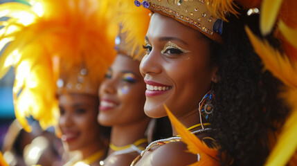 Lets dance all our troubles away. Cropped shot of beautiful samba dancers in golden luxury costume...