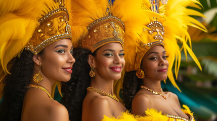 Lets dance all our troubles away. Cropped shot of beautiful samba dancers in golden luxury costume...