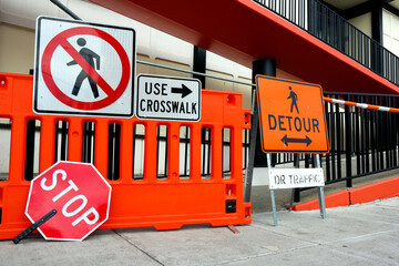 Sidewalk Closed signs for works. Stop and Detour signs - 726697980