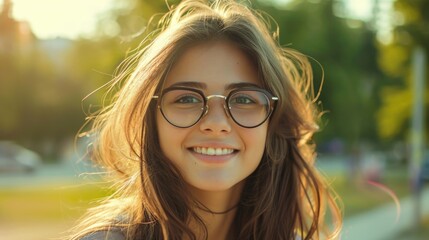a beautiful girl with glasses smiles smiling outdoors