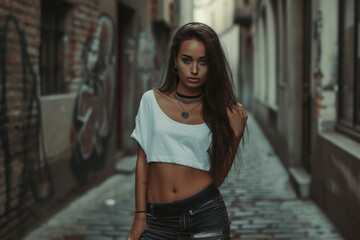 A woman wearing a choker and a white crop top stands in an alleyway