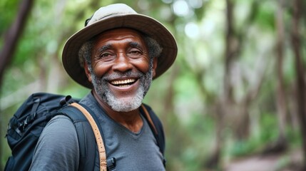 Naklejka na ściany i meble an older man smiling as he hikes