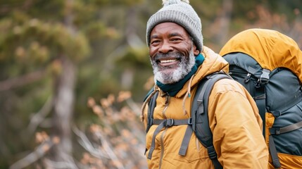 an older man smiling as he hikes