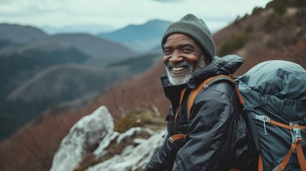 Naklejka premium an older man smiling while hiking, in the style of Afrofuturism-inspired