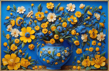 flowers on blue background, Ukrainian folk art Petrykiv composition with blue-yellow flowers, fabric or ceramic digital print, Grunge background, Website, application, modern case	