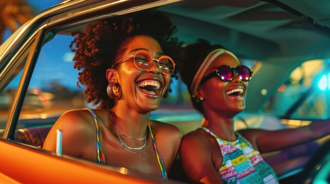 two women smiling as they ride in a car