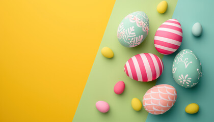 Fototapeta na wymiar easter eggs on a colorful geometric color back ground , blue , yellow, green pastel 