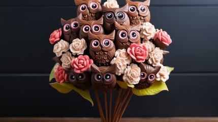 Chocolate bouquet of flowers, owls
