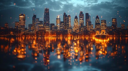 Cityscape at Night With Lights Reflecting in Water