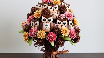Chocolate bouquet of flowers, owls