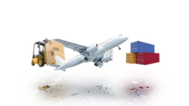 Animated rotation of aircraft, forklift, container and cargo vehicle. International logistics and transportation industry