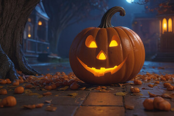 Fototapeta premium Jack o lantern, carved pumpkin at Hallowween evening