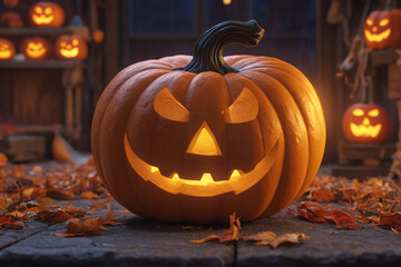 Fototapeta premium Jack o lantern, carved pumpkin at Hallowween evening
