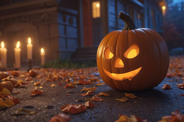 Jack o lantern, carved pumpkin at Hallowween evening
