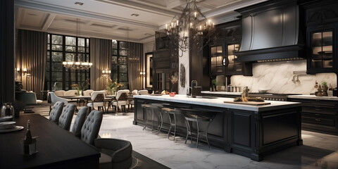 Realistic closeup of luxurious Modern Kitchen Interior, Efficient Modern Kitchen Sleek Design, a fashionable kitchen two separated dinning table, decorated with a variety of accessories - obrazy, fototapety, plakaty