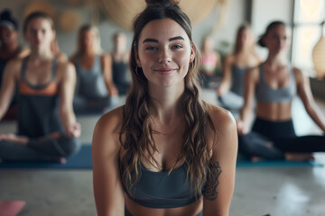 Fototapeta premium A woman with a tattoo on her arm is smiling while sitting on a yoga mat