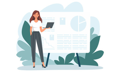 Flat vector illustration. Woman standing next to a large banner and holding a laptop, online presentation. Presentation and banner for a web site. . Vector illustration