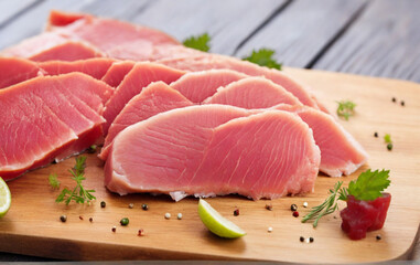Close up of Fresh raw Tuna fillet steak and sashimi on wooden board background, delicious food for dinner, healthy food, ingredients for cooking