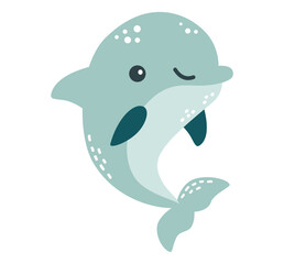 Flat vector illustration in children's style. Cute dolphin with smiling face on white background . Vector illustration
