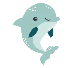 Abwaschbare Fototapete Wal Flat vector illustration in children's style. Cute dolphin with smiling face on white background . Vector illustration